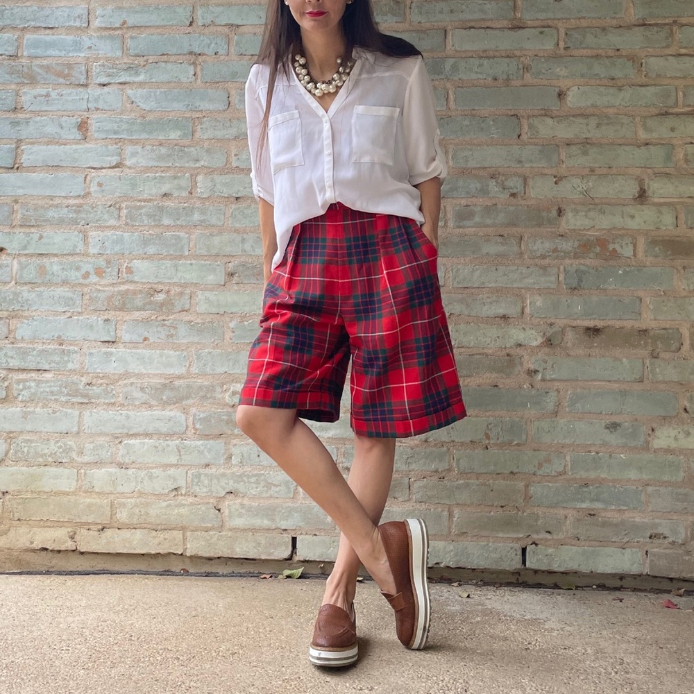Vintage Bermuda Short 80s Red Tartan Plaid Pleated Wide Leg Bill Blass Preppy S